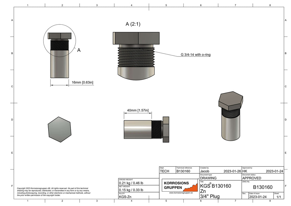 Zinkanod med 3/4" stålplugg, ø16*40mm / ø0.63in*1.57in