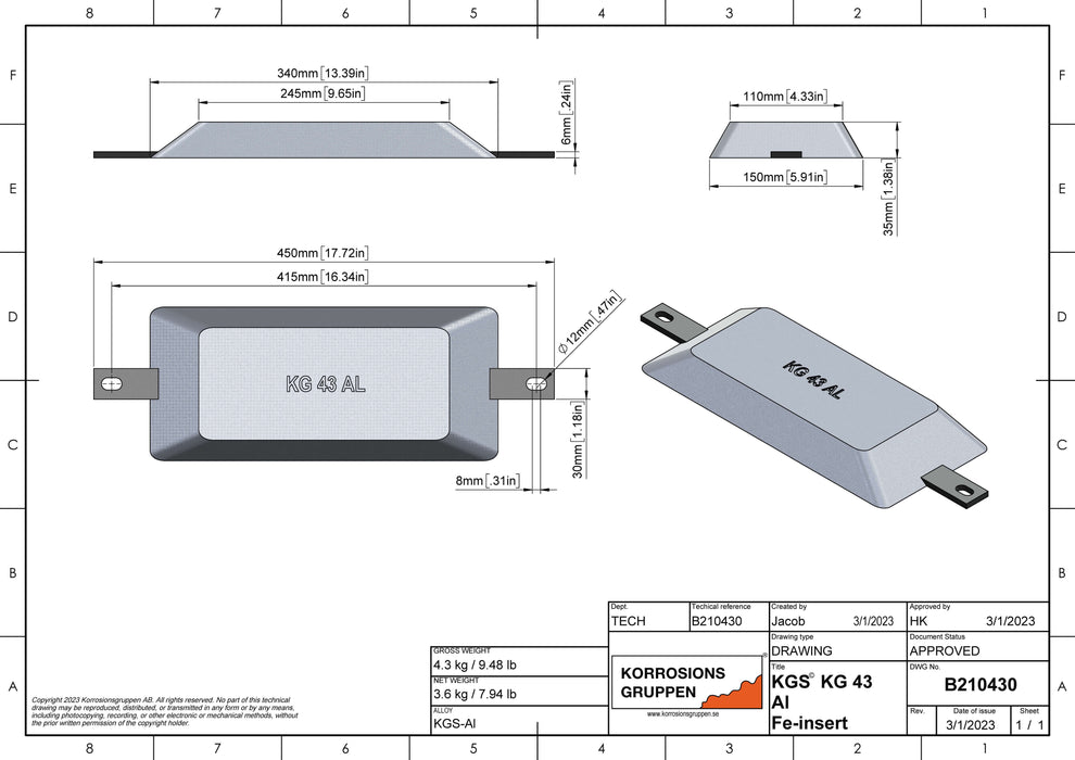 Aluminiumanod TYP 43 - 330*150*35, B210430