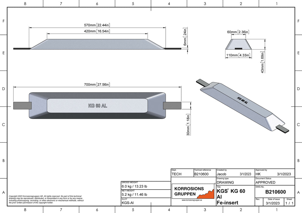Aluminiumanod TYP 60 - 570*110*43, B210600