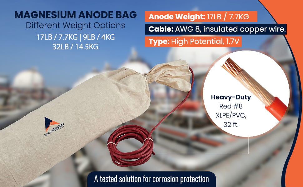 Magnesium Anode Bag 7.7KG/17lb 1.7V, INCL 16,4ft. of 8 gauge red XLPE/PVC cable, for underground propane tanks and pipes