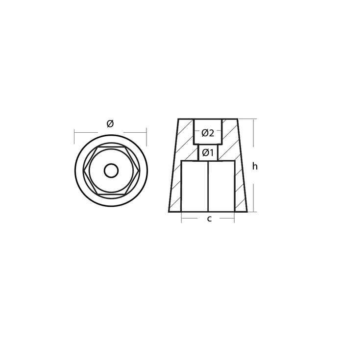 Zinkanod  propeller, hexagonal, för 35mm/1,38in axel, 0.350KG/0,77 LB