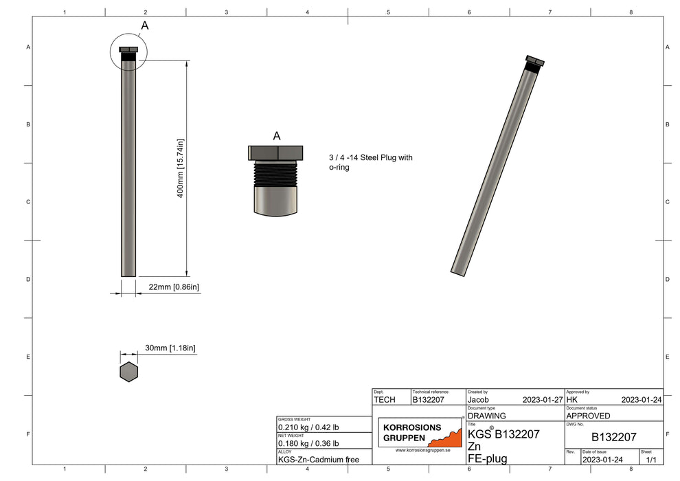 Sinkkianodi vedenlämmitin ø20*400mm 3/4" (R20) kierre, kadmiumiton, B132207