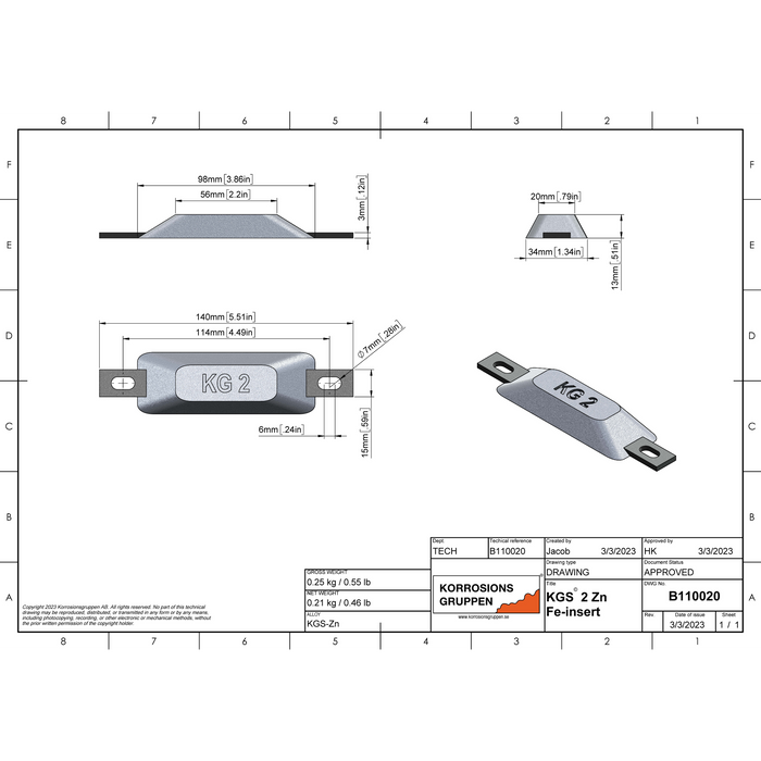 Zinc hull/rudder anode TYPE 2 - 3.85*1.33*1.18inch