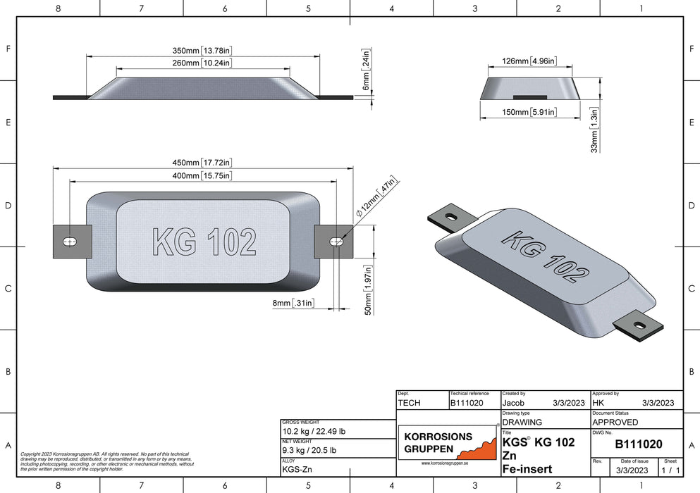 Zinc anode TYPE 102 - 350*150*33, B111020