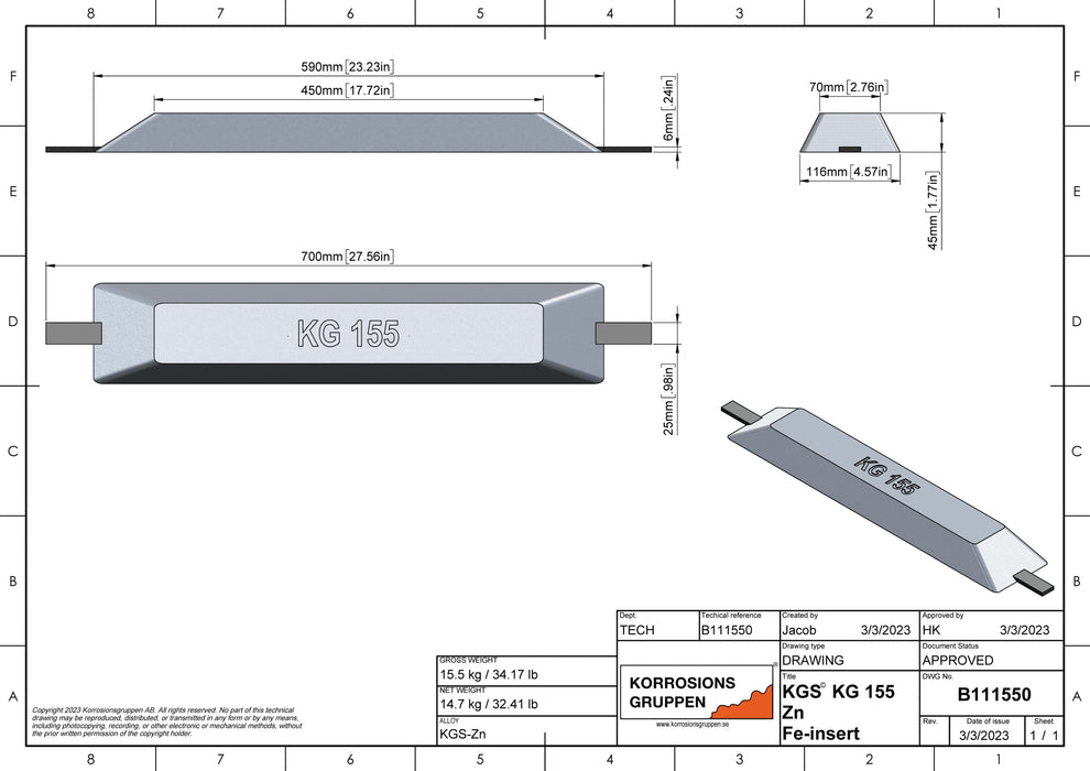 Sinkkianodityyppi 155 - 590*116*45mm/23,23*4,57*1,77 tuumaa, B111550