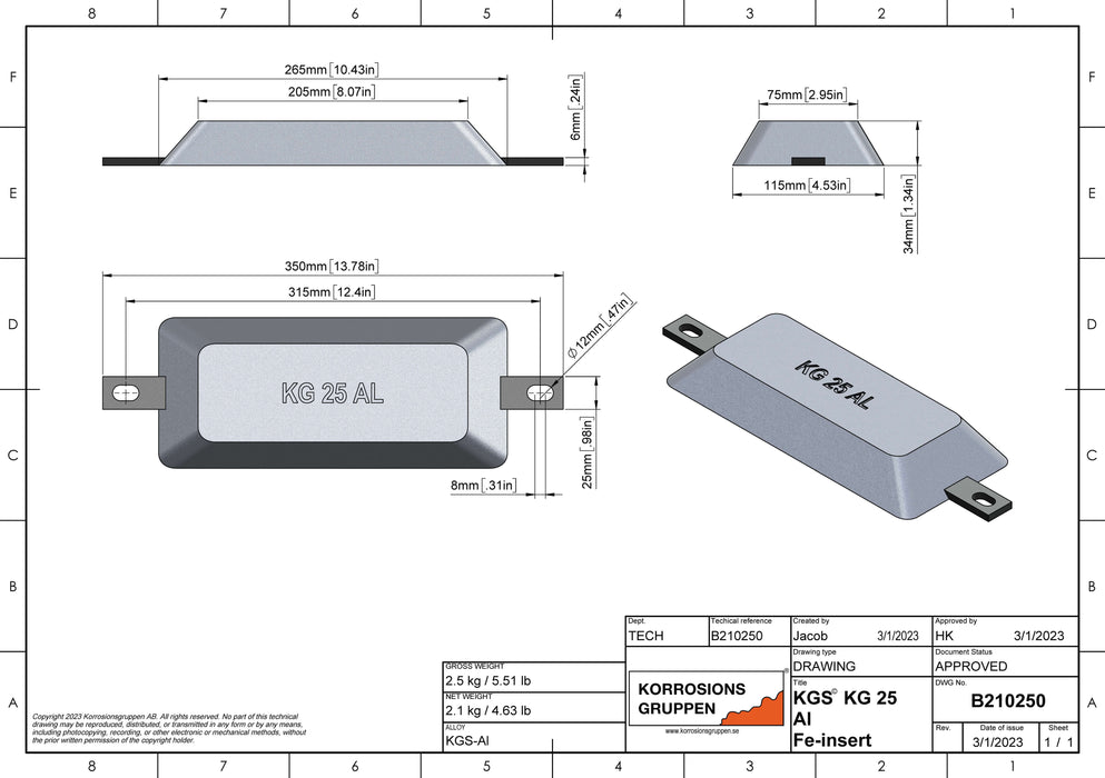 Alumiinianodi TYYPPI 25 - 265*115*34mm/ 10,43*4,53*1,34in / 10,43*4,53*1,34in