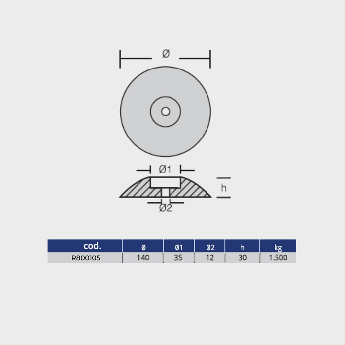 Ritning på Zinkanod roder - DIA:140mm, 1.5KG/3.31LB - 2-PACK, R800105 - Anodefactory